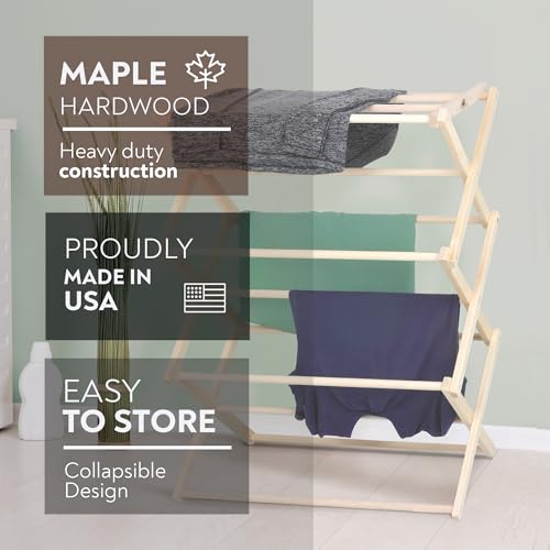 Premium American Maple Clothes Drying Rack - Handcrafted in Pennsylvania - Solid Wood Construction, Collapsible, Eco-Friendly Laundry Solution (Medium) - color: Medium | Flat Top