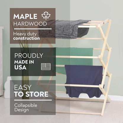 Premium American Maple Clothes Drying Rack - Handcrafted in Pennsylvania - Solid Wood Construction, Collapsible, Eco-Friendly Laundry Solution (Medium) - color: Medium | Flat Top