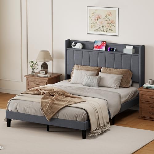 Queen Size Bed Frame with Headboard, Platform Bed with Upholstered Wingback Storage Headboard, Slats Support, No Box Spring Needed Dark Grey