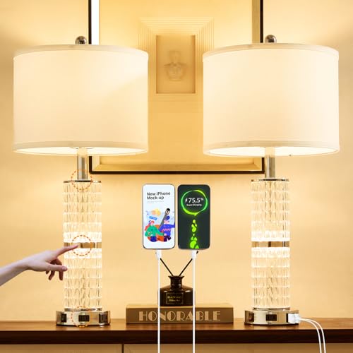 SAIWEYA Crystal Table Lamps Bedside for Living Room Bedroom with USB Ports | 3-Way Dimmable Touch Control, Night Light for Nightstand Bedside Lamp, AC Outlets, White Fabric Shade, 27in Morden Lamp - color: Silver-2 Pack 27In