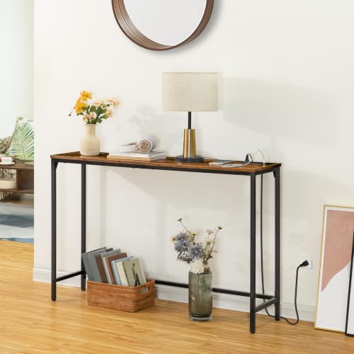 HOOBRO 47.2" Console Table with Power Outlets and USB Ports, Sofa Narrow Entryway Table with Charging Station, Behind Couch Table, Hallway, Foyer, Living Room, Bedroom, Rustic Brown BF301XG01G1