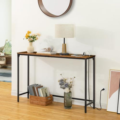 HOOBRO 47.2" Console Table with Power Outlets and USB Ports, Sofa Narrow Entryway Table with Charging Station, Behind Couch Table, Hallway, Foyer, Living Room, Bedroom, Rustic Brown BF301XG01G1