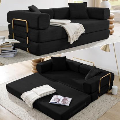 HANXIN 78 Inch Convertible Sleeper Sofa Bed, Folding Floor Mattress Couch with Fixed-Shape Frame, Futon Boneless Couch Lounge Loveseat with Pull Out Bed, No Assembly Required (Black) - color: Black, size: 78" Loveseat Sofa Bed