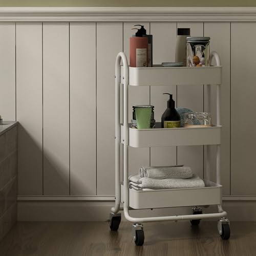 Metal Rolling Cart,3-Tier Metal Rolling Cart with Wheels,3 Tier Utility Cart with Wheels for Office,Home,Kitchen,Garden（13.4"x18.1"x31"） White - color: White, size: 31"H