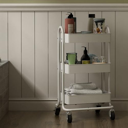 Metal Rolling Cart,3-Tier Metal Rolling Cart with Wheels,3 Tier Utility Cart with Wheels for Office,Home,Kitchen,Garden（13.4"x18.1"x31"） White - color: White, size: 31"H