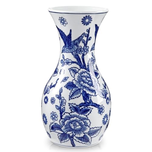 Blue and White Ceramic Vase 11" Chinoiserie Flower Vase in with Mouth | Hand-Painted Bird & Floral Pattern, Triple-Fired Glazed Ceramic, Decorative Chinoiserie Decor for Home Bookshelf Side Table - color: #Birds & Floral Texture