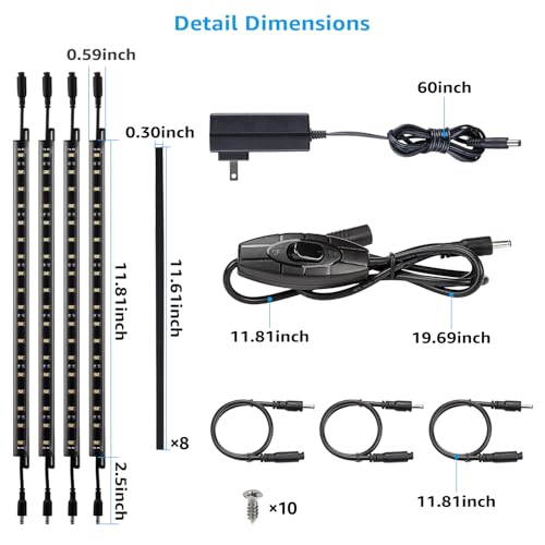 TORCHSTAR 4pcs 12 Inch LED Safe Lighting Kit, Rocker Switch, 5000K | UL Power Adapter, Input 100-240V, Linkable Gun Safe Light Bars, 600LM, for Under Cabinet Locker Closet Showcase, Daylight - color: Daylight (5000k)