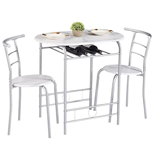 VECELO 3 Piece Small Round Dining Table Set for Kitchen Breakfast Nook, Wood Grain Tabletop with Wine Storage Rack, Save Space, 31.5", White - color: White, size: set for 2