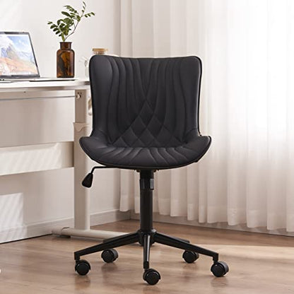 YOUTASTE Black Modern Office Chair, Armless Swivel PU Leather Desk Chair with Wheels, Height Adjustable Rolling Computer Chair with Metal Legs for Bedroom, Home Office, Study, or Vanity - color: Black