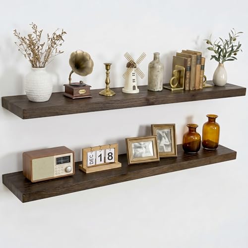 Dreamland 40 Inch Long Floating Shelves Set of 2, Rustic Solid Elm Wood Floating Shelf Wall Mounted, 8 Inch Deep Wooden Wall Shelves for Living Room, Bedroom, Bathroom, Kitchen, Walnut - color: Walnut, size: Flat Edge - 40"L