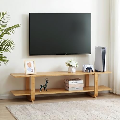 HollyHOME Bamboo TV Stand with Storage for TVs up to 65'', Modern Entertainment Center with 2 Open Shelf, Accent TV Media Console Table for Living Room, Bedroom, 55"(L), Burlywood - color: Burlywood