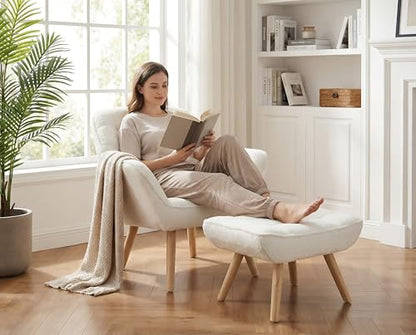 White Sherpa Accent Chair with Ottoman ，Modern Reading Chairs with Ottoman Set, Comfy Fuzzy Armchair Living Room Chair Lounge Chair with Wood Legs for Small Spaces Bedroom Apartment - color: White, size: Chair with Ottoman