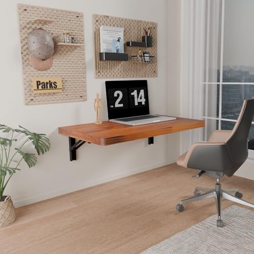 IAE Wall Mounted Folding Table with Pine Wood,24" x 14"Floating Wall Desk | Laundry Folding Table with Shelf Brackets,Fold Down Desk Shelf,Fold Workbench for Apartments,Home,Laundry Room,Kitchen,Teak - color: Teak, size: 24*13.7*6.3 Inch