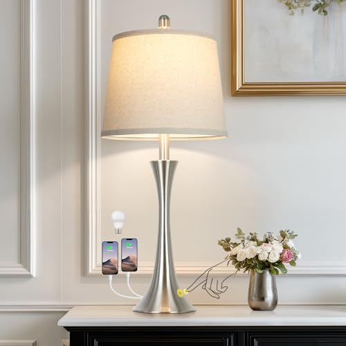 Rinweey 27.5" Silver Table Lamps, Touch Bedside Lamps with USB C+A Ports, 3 Way Dimmable Nightstand Lamps for Bedroom, Living Room, Office, Silver Lamp with Beige Lampshade, Bulbs Included (1 Pack) - color: Silver (1 Pack)