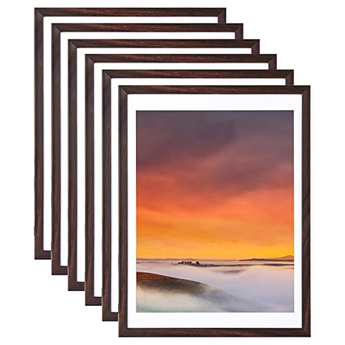 12x16 Picture Frame Set of 6, Display Pictures 11x14 with Mat or 12x16 Without Mat,Wall Gallery Photo Frames, Brown - color: Brown, size: 12x16