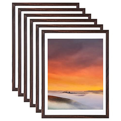 12x16 Picture Frame Set of 6, Display Pictures 11x14 with Mat or 12x16 Without Mat,Wall Gallery Photo Frames, Brown - color: Brown, size: 12x16