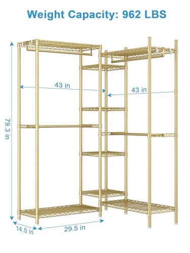 E4 Clothes Rack, Heavy-Duty Garment Rack Can Be L-Shaped Closet, Gold | Metal Freestanding Clothing Organization Storage System with Shelves and Hangers, Load 962lbs, 70.8"W x 14.5"D x 79.3"H - color: Gold