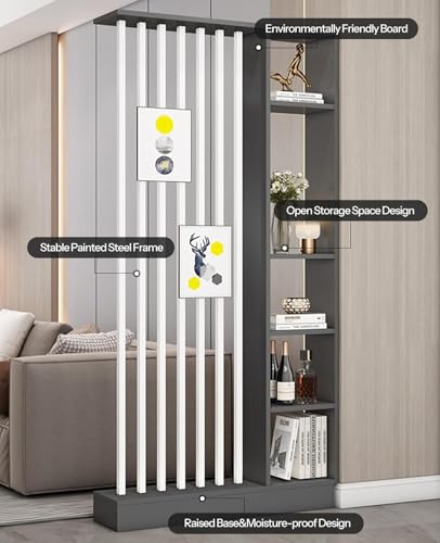 Wall Room Divider with Storage Shelves, Modern Freestanding Room Divider Screen, Open Room Wood Partition for Home & Office Decor (Gray + White, 47" L x 9.5" W x 79.5" H)