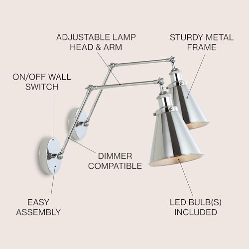 JONATHAN Y Rover 1-Light Wall Sconce 7", Chrome, Set of 2 | Adjustable Arm, Hardwired Bedside Reading Swing Arm, Farmhouse Cone Shade, Metal Hardwired Indoor Fixture, LED Bulbs Included - color: Chrome, size: Set of 2