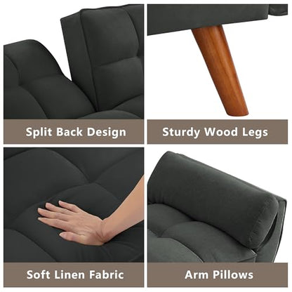 Futon Sofa Bed Modern Convertible Sleeper Sofa, 75” Linen Twin Size Futon Couch Comfy Recliner Sofa Couch with Adjustable Split Backrest for Living Room Small Spaces, Dark Grey - color: Dark Grey