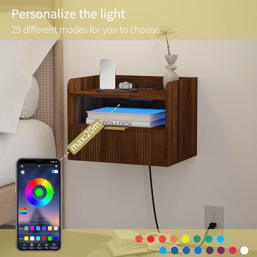 Veegle Floating Nightstand with Charging Station and LED Lights (Walnut Brown) - color: Walnut Brown