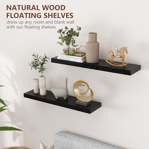 fuqing 30 Inch Floating Shelves, 6.7 Inch Deep Black Wall Shelves Set of 2 | 30'' x 6.7'' x 1.4'' Black Wood Shelves for Bathroom, Living Room, 40LBS, Lightweight, Hardware Included, Waterproof Finish - color: Black, size: 30 Inch