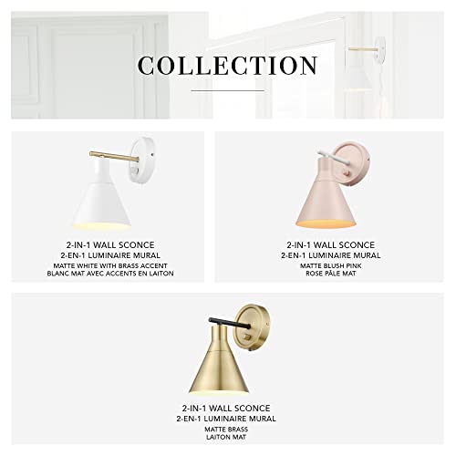 Globe Electric 65542 1-Light Plug-in or Hardwire Wall Sconce, Matte White, Brass Accent, Stepless Dimming Rotary Switch, Fabric Cord, Modern Lighting for Apartment or Renters, Home Decor