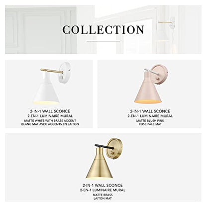 Globe Electric 65542 1-Light Plug-in or Hardwire Wall Sconce, Matte White, Brass Accent, Stepless Dimming Rotary Switch, Fabric Cord, Modern Lighting for Apartment or Renters, Home Decor