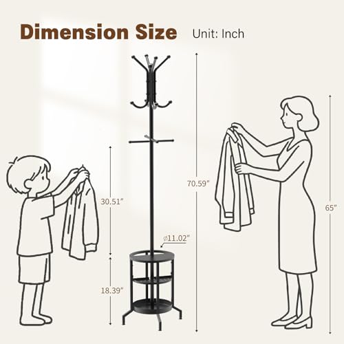 Coat Rack with Umbrella Holder, Coat Rack Freestanding, Metal Coat Tree with 12 Hooks, Modern Coat Hanger Stand for Entryway Living Room Bedroom Office