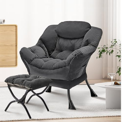 Lazy Chair with Folding Ottoman Modern Large Accent Chair,Contemporary Lounge Leisure Sofa Chair with Armrests Upholstered Sofa Armchair Reading Chair for Bedroom,Dorm & Office (Dark Grey-f) - color: Dark Grey