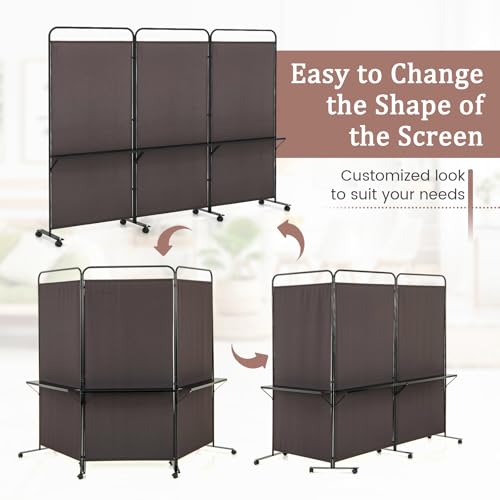 GOFLAME 3 Panel Room Divider with Storage Shelves, 6FT Folding Privacy Screen with Lockable Wheels, Portable Rolling Wall Divider, Freestanding Partition Screen for Room Separation, Brown - color: Brown