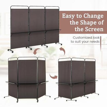 GOFLAME 3 Panel Room Divider with Storage Shelves, 6FT Folding Privacy Screen with Lockable Wheels, Portable Rolling Wall Divider, Freestanding Partition Screen for Room Separation, Brown - color: Brown