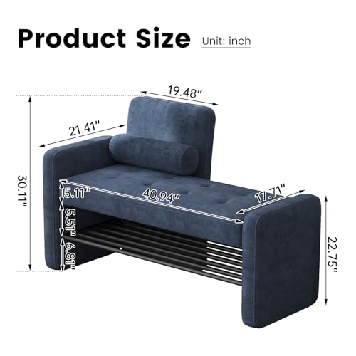 Miuuod 40.94" Navy Blue Upholstered Shoe Storage Bench with Adjustable Backrest,2-Tier Entryway Cabinet Ottoman,Bedroom Stool with Cushion, Narrow Hallway Organizer Shelf Seat for Living Room & Dorm - color: Blue, style: Modern2