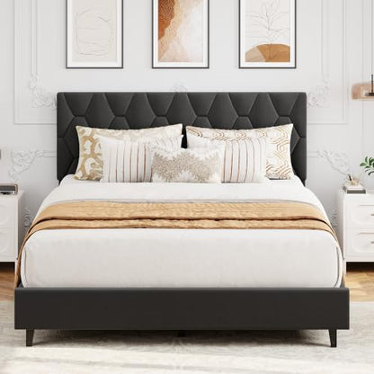 GAOMON Grey Queen Bed Frame with Upholstered Headboard, Heavy-Duty Platform Bed Frame with Strong Wood Slats, No Box Spring Needed/Easy Assembly/Noise Free - color: Grey, size: Queen