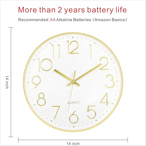 Foxtop Large 14" Wall Clock Silent Battery Operated Analog Clock, Gold | Non-Ticking, Round, Quartz, Easy to Read, Living Room, Bedroom, Kitchen, Office - color: Gold, size: 14 Inch Quartz