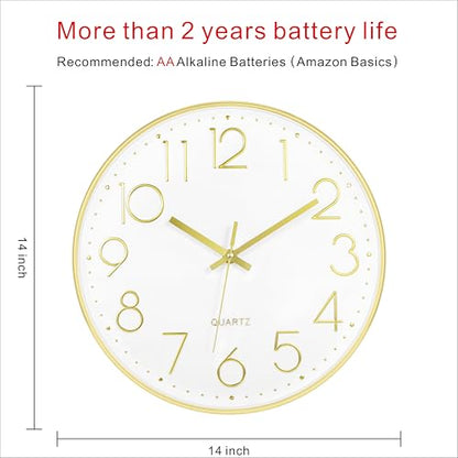 Foxtop Large 14" Wall Clock Silent Battery Operated Analog Clock, Gold | Non-Ticking, Round, Quartz, Easy to Read, Living Room, Bedroom, Kitchen, Office - color: Gold, size: 14 Inch Quartz
