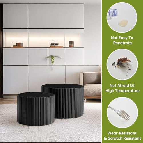 26 inch Round Black Fluted Nesting Coffee Table Set of 2, C Large | Spray Painting Finish, For Living Room, Mid-Century Modern Style, Nestable Design, Nested Side Table, For Small Spaces - color: C Large