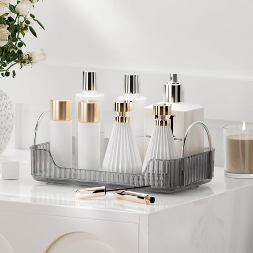 YCIA&DONE Bathroom Organizer Countertop, Makeup Storage, Skincare Cosmetic Tray Shelf, Perfume Holder Rack for Vanity Counter, Large Capacity, Easy to Install, Clean, 1 Tier, Smoky Gray - color: Smoky Gray, size: 11.8" x 6.7" x 4.7"