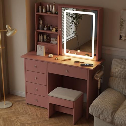 Vanity Desk with Mirror and LED Lights, Makeup Vanity Set with Power Outlet, and Stool,Jewelry Storage,Pink Vanity Desk for Bedroom - style: Pink