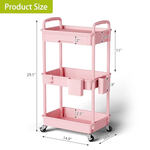 Sorgion 3 Tier Rolling Cart Organizer,Laundry Room Bathroom Organizers and Storage Office Shelves Mobile Shelving Unit Kitchen Trolley Cart with Wheels for Art,Craft,Diaper,Bedside,Snack(Pink) - size: 3Tier-Pink