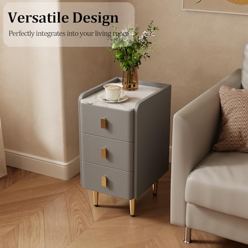 AQIMUELE Narrow Nightstand with Drawers, Narrow Side Table Leather, Small Bedside Tables for Bedroom. (Dark Gray) - color: Dark Gray, size: 11.8''W x 15"D x 22.8"H