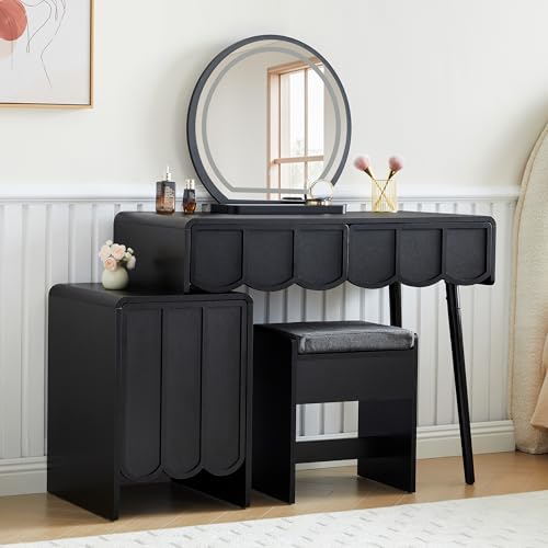 Vanity Desk with Mirror and Lights, Modern Wood Wave Panel Vanity Desk Set Makeup Table with Drawers and Cabinet, Dressing Table with Storage for Bedroom, Black - style: Black