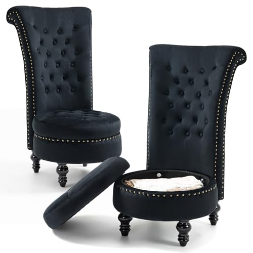 AVAWING High Back Velvet Tufted Throne Chairs with Storage Set of 2, Black | Tufted Nailhead Design; Hidden Storage; Soft Velvet; Sturdy Wood Legs 330Lbs; High Density Foam; Ergonomic Back - color: Black