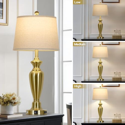 Cinyirong 30" Tall Gold Table Lamp for Living Room, 3-Way Dimmable Touch Control Bedside Lamp for Bedroom Nightstand with USB A+C Ports & AC Outlet (1 Pack) - color: Gold (1 Pack)