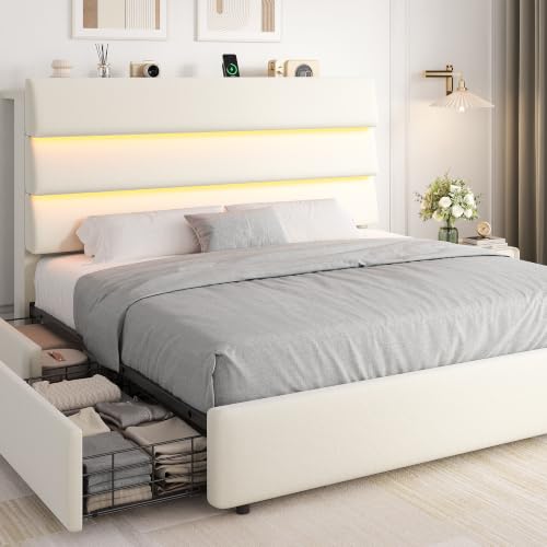 Jocoevol Queen Size Velvet Bed Frame with Headboard & 2 Storage Drawers | Beige Upholstered Platform Bed, Wooden LED Bed Frame with Charging Station, No Box Spring Needed, Easy Assembly - color: Beige, size: Queen