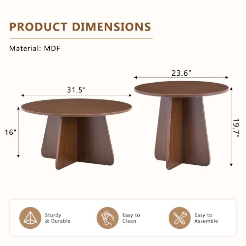 Nesting Coffee Table Set of 2, Round Wooden Coffee & Side Tables with Tapered Base, Walnut Finish, Mid-Century Modern Accent Furniture for Living Room Bedroom, Space-Saving Design - color: Walnut, size: Nesting Coffee Table Set