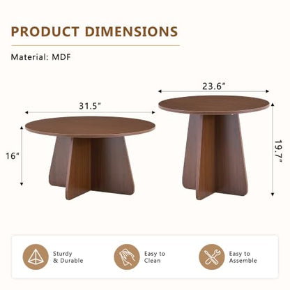 Nesting Coffee Table Set of 2, Round Wooden Coffee & Side Tables with Tapered Base, Walnut Finish, Mid-Century Modern Accent Furniture for Living Room Bedroom, Space-Saving Design - color: Walnut, size: Nesting Coffee Table Set