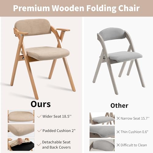 Folding Chairs with Armrest | Wooden Stackable Foldable Dining Chair with Padded Seats Set of 2 Extra for Guests Kitchen Office Wedding Party, Khaki - color: Khaki With Armrest, size: 2PCS