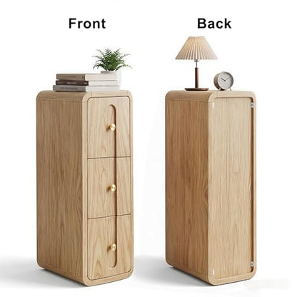 Narrow Nightstand with 3 Drawers, Small Bedside Table, Mid Century Modern Skinny Night Stand with Storage, Wood Slim Side Table for Bedroom, Small Spaces, Living Room (Natural-1pcs)