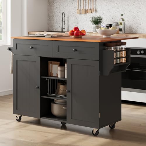 Furnify Kitchen Island with Wheels & Drawers, Kitchen Island Cart, Black | Rolling Kitchen Island with Drop Leaf, Mobile Kitchen Storage Cabinet with Towel Rack & Spice Rack for Dining Room, Kitchen